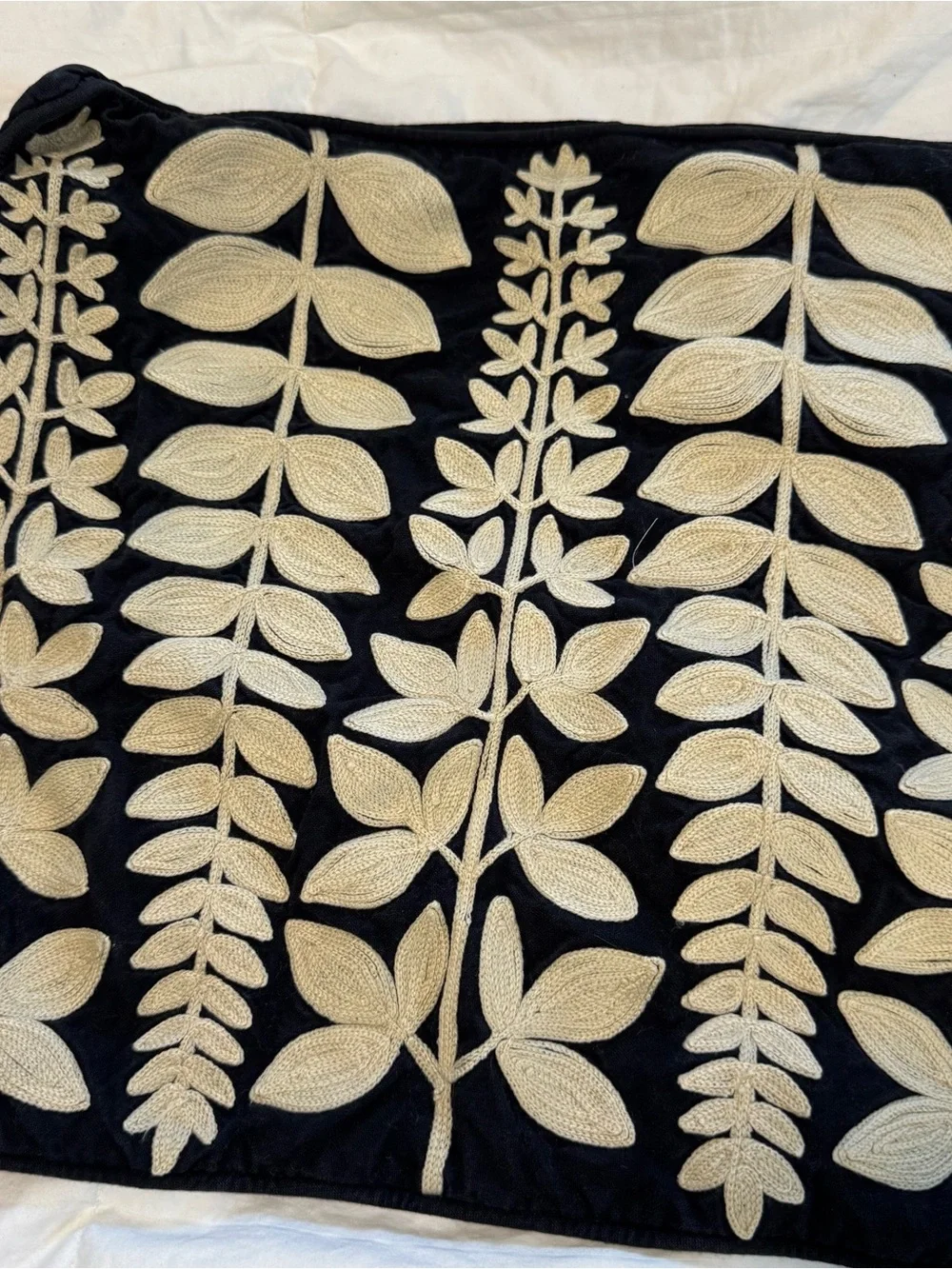 Pottery Barn Brown Cream Vine Leaf Crewel Lumbar Pillow Cover Case 15” X 24”